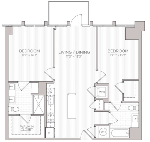 Floor plan for 2 beds, 2 baths, 1079 sqft